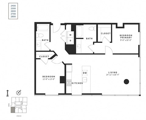 Floor plan for 2 beds, 2 baths, 1130 sqft